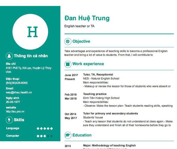 Mẫu CV English teacher or TA