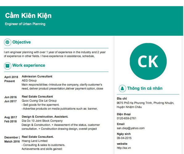 Mẫu CV Engineer of Urban Planning