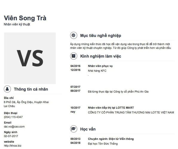 Mẫu CV Nhân viên kỹ thuật