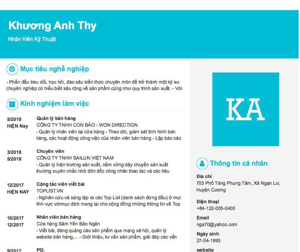 Mẫu CV Nhân Viên Kỹ Thuật
