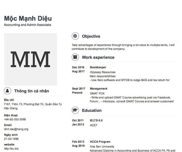 Mẫu CV Accounting and Admin Associate