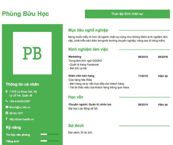 Mẫu CV Thực tập Sinh nhân sự