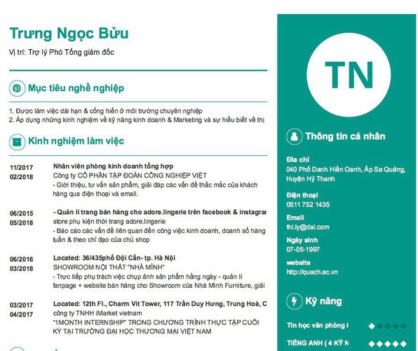 Mẫu CV Vị trí: Trợ lý Phó Tổng giám đốc