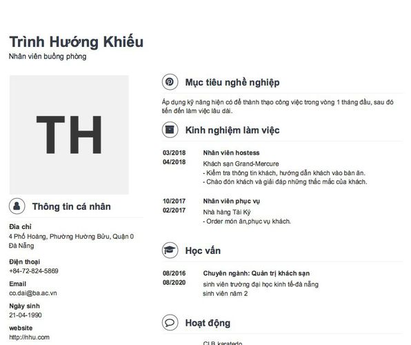 Mẫu CV Nhân viên buồng phòng