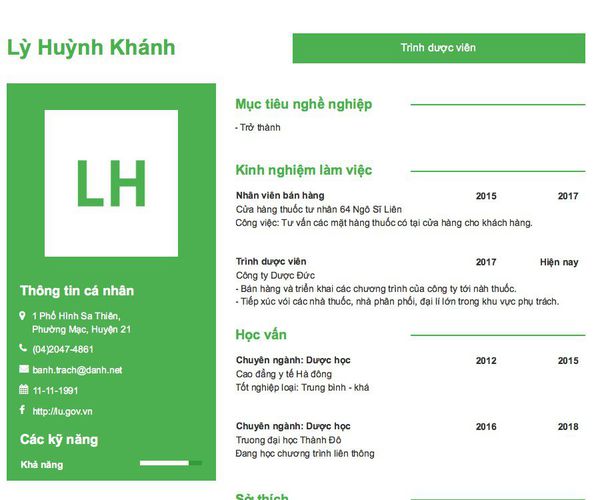 Mẫu CV Trình dược viên