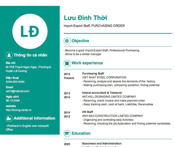 Mẫu CV Import-Export Staff, PURCHASING ORDER