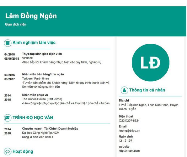 Mẫu CV Giao dịch viên