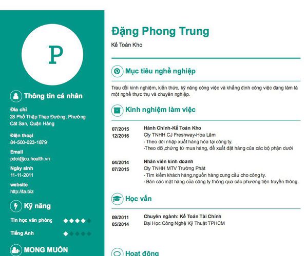 Mẫu CV Kế Toán Kho