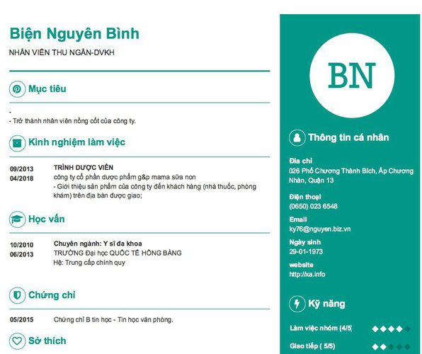 Mẫu CV NHÂN VIÊN THU NGÂN-DVKH