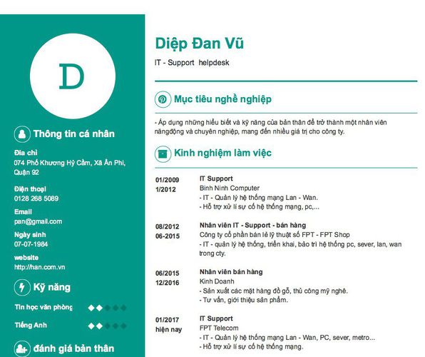 Mẫu CV IT - Support  helpdesk