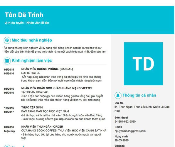 Mẫu CV vị trí dự tuyển : Nhân viên lễ tân