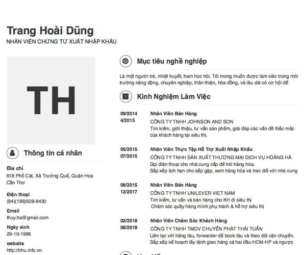 Mẫu CV NHÂN VIÊN CHỨNG TỪ XUẤT NHẬP KHẨU