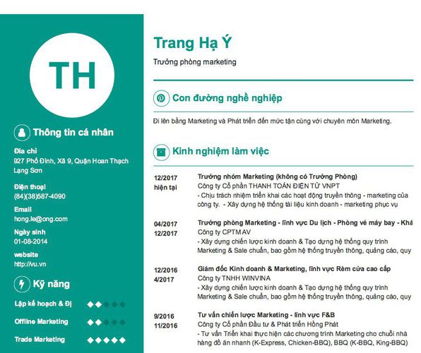 Mẫu CV Trưởng phòng marketing