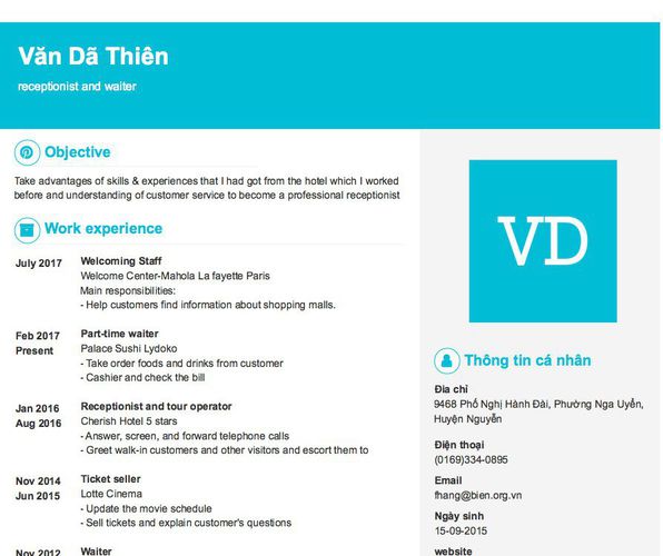 Mẫu CV receptionist and waiter