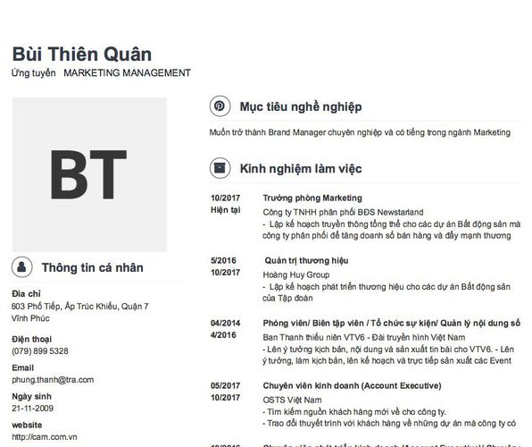 Mẫu CV Ứng tuyển   MARKETING MANAGEMENT