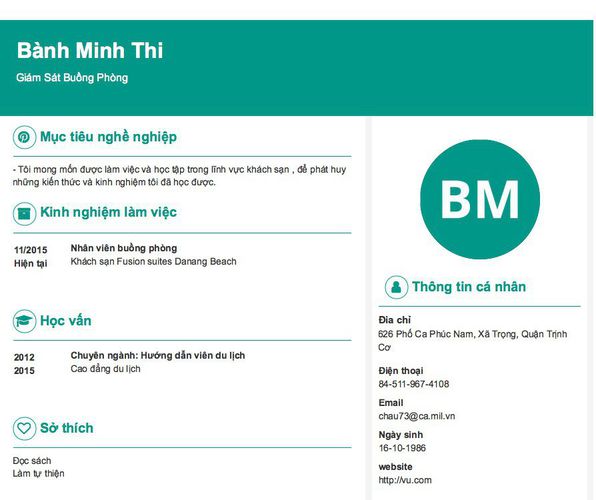 Mẫu CV Giám Sát Buồng Phòng