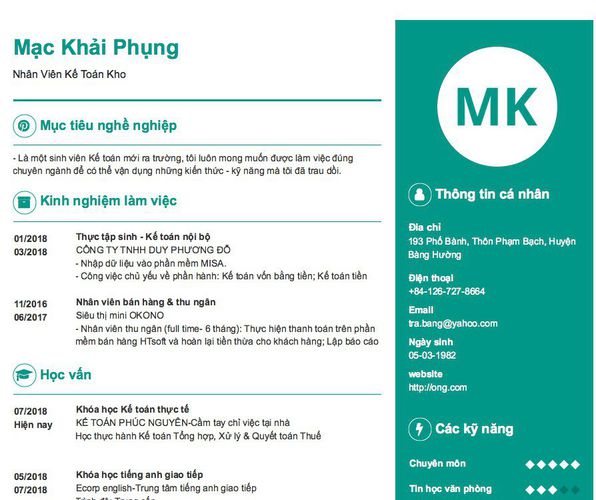 Mẫu CV Nhân Viên Kế Toán Kho