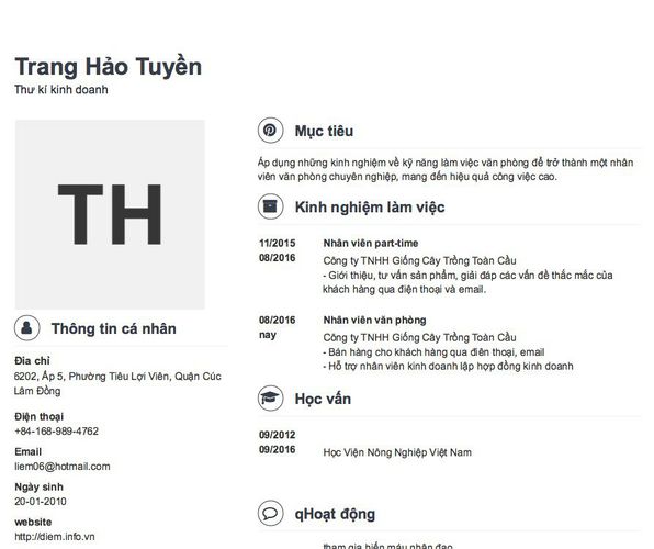 Mẫu CV Thư kí kinh doanh