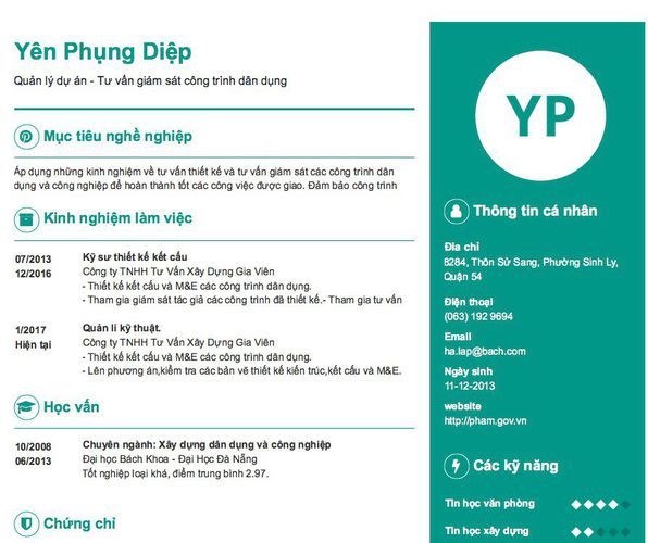 Mẫu CV Quản lý dự án - Tư vấn giám sát công trình dân dụng