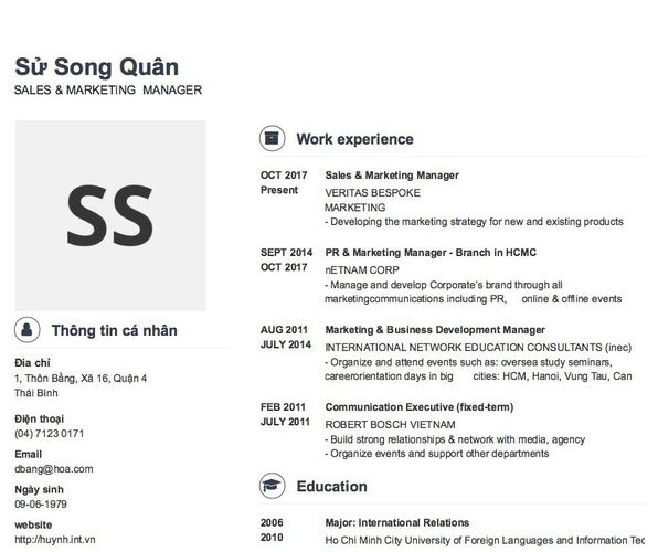 Mẫu CV SALES & MARKETING  MANAGER