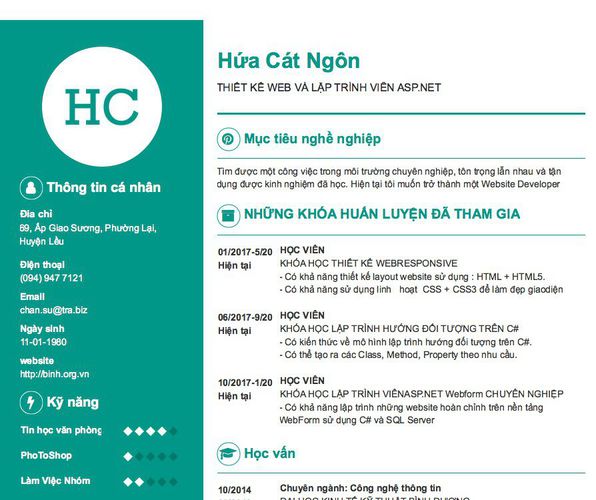 Mẫu CV THIẾT KẾ WEB VÀ LẬP TRÌNH VIÊN ASP.NET