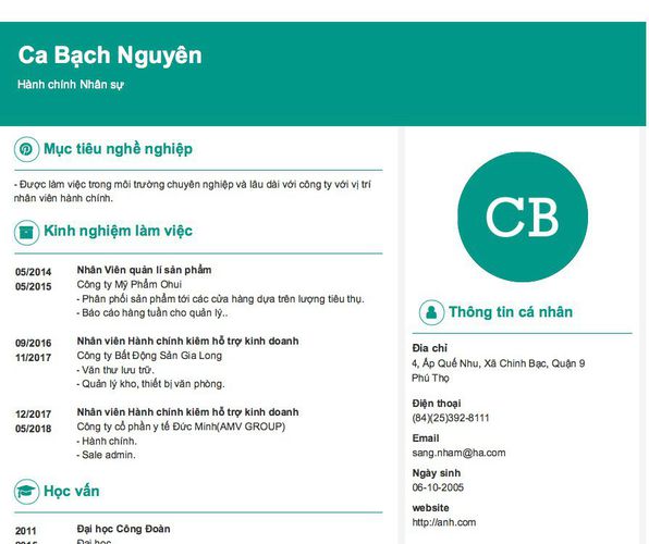 Mẫu CV Hành chính Nhân sự
