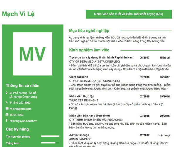 Gợi ý cách viết Mẫu CV tham khảo Nhân viên sản xuất và kiểm soát chất lượng (QC)