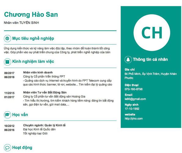 Mẫu CV Nhân viên TUYỂN SINH