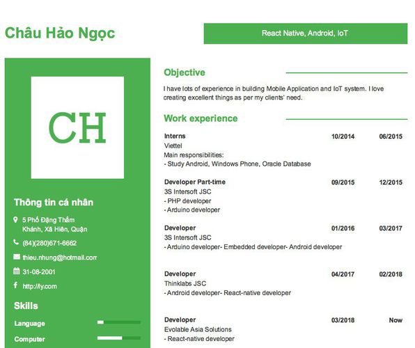 Mẫu CV React Native, Android, IoT