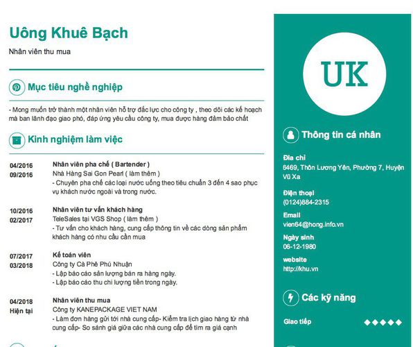 Mẫu CV Nhân viên thu mua