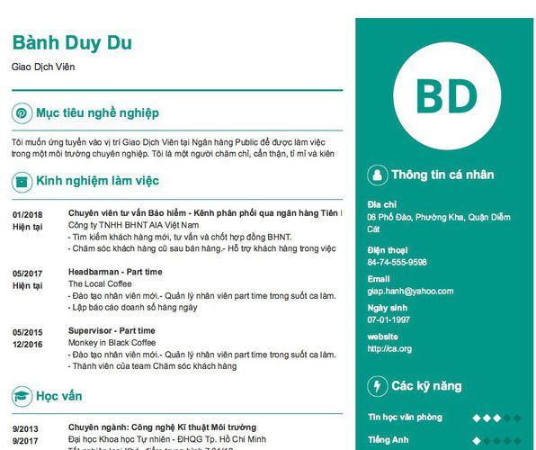 Mẫu CV Giao Dịch Viên