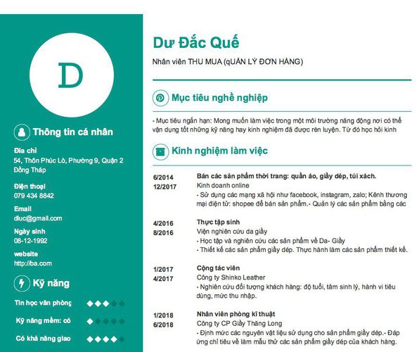 Mẫu CV Nhân viên THU MUA (qUẢN LÝ ĐƠN HÀNG)