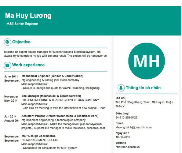 Mẫu CV   M&E Senior Engineer