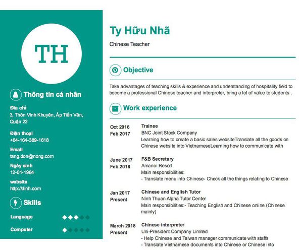 Mẫu CV Chinese Teacher