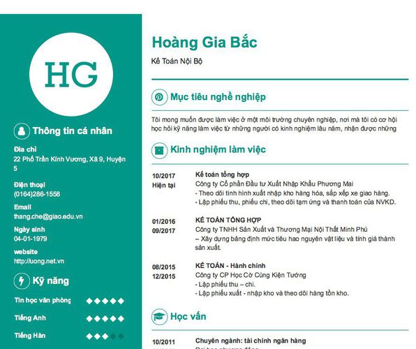 Mẫu CV Kế Toán Nội Bộ