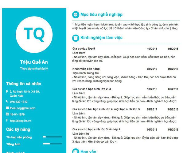 Mẫu CV Thực tập sinh pháp lý