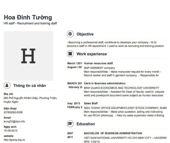 Mẫu CV HR staff - Recruitment and training staff