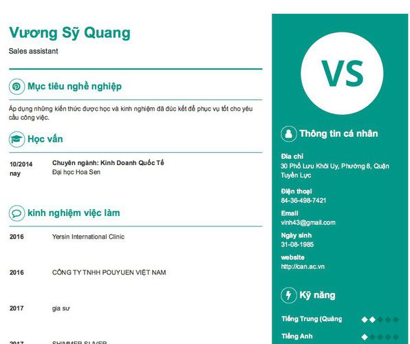 Mẫu CV Sales assistant