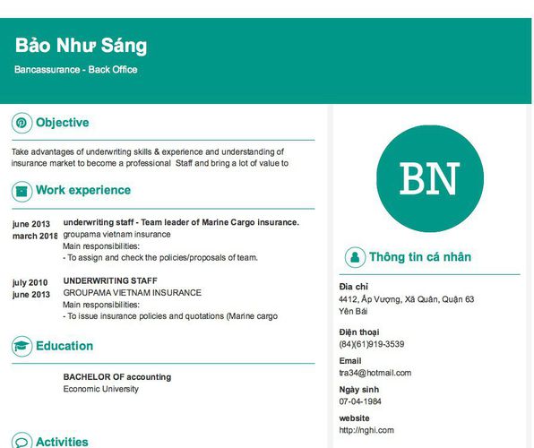 Mẫu CV Bancassurance - Back Office