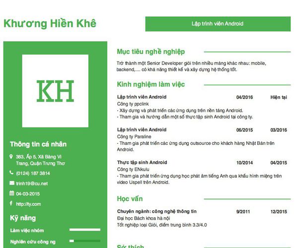 Mẫu CV Lập trình viên Android