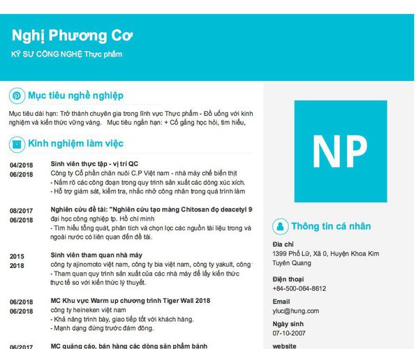 Mẫu CV KỸ SƯ CÔNG NGHỆ Thực phẩm