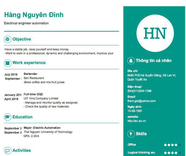 Mẫu CV Electrical engineer automation
