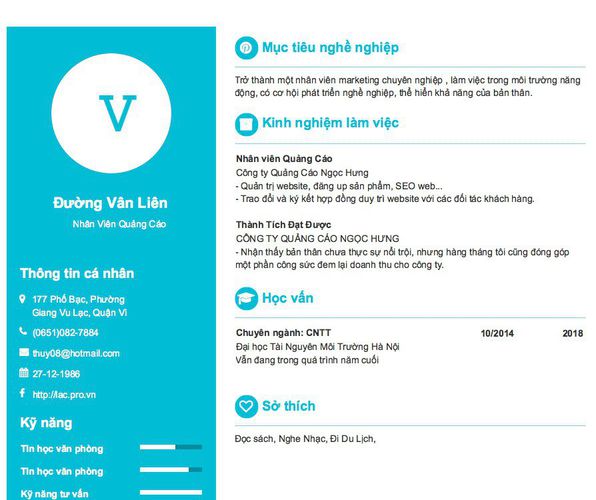 Mẫu CV        Nhân Viên Quảng Cáo