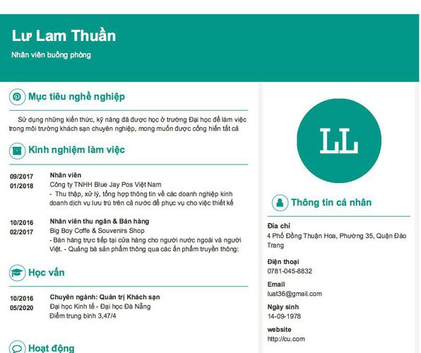 Mẫu CV Nhân viên buồng phòng
