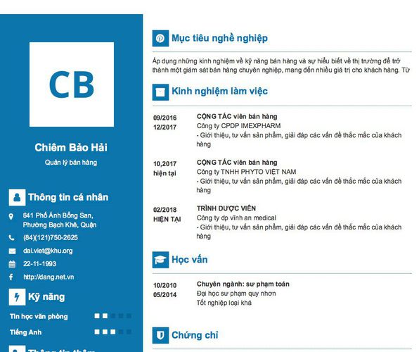 Mẫu CV Quản lý bán hàng