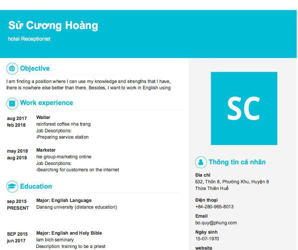 Mẫu CV hotel Receptionist
