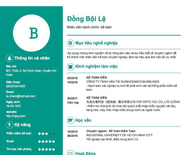 Mẫu CV Nhân viên hành chính- kế toán