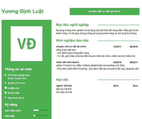 Mẫu CV chuyên viên tư vấn tài chính