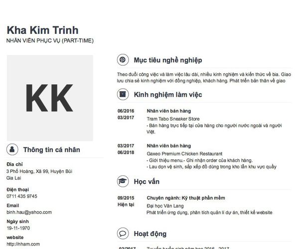 Gợi ý cách viết Mẫu CV tham khảo NHÂN VIÊN PHỤC VỤ (PART-TIME)