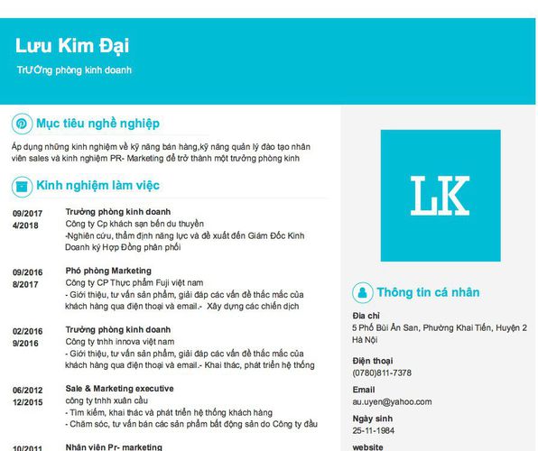 Mẫu CV  TrƯỞng phòng kinh doanh